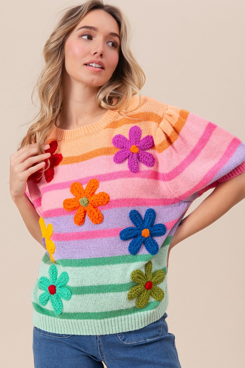 BiBi Flower Patch Puff Sleeve Striped Sweater - T - 1 COLOR -