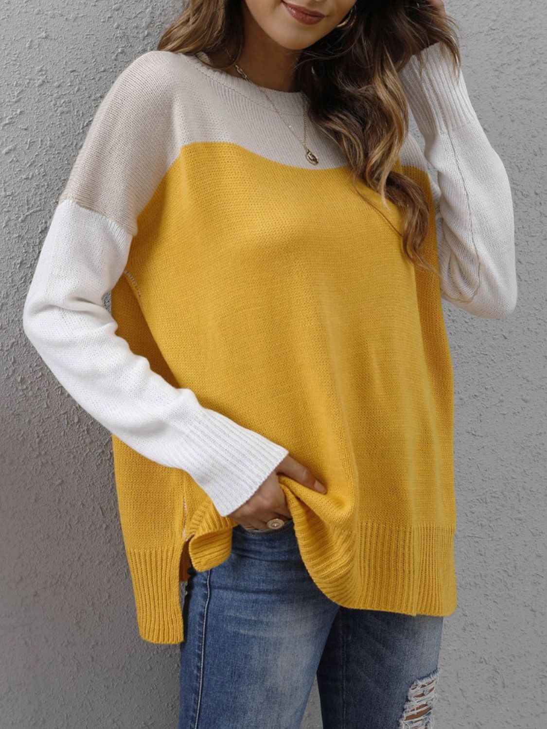 Color Block Round Neck Sweater - T - 3 COLORS -