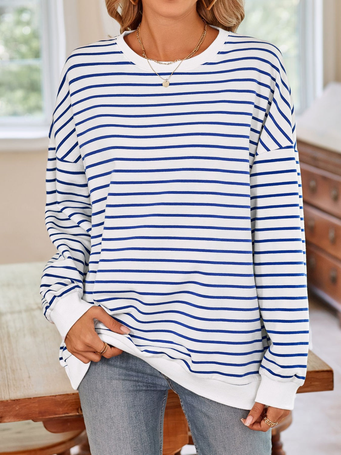 Striped Round Neck Long Sleeve Sweatshirt - T - 6 COLORS -