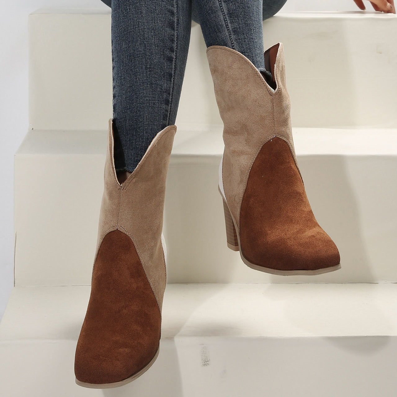 Suede Square Toe Block Heel Boots - T - 4 COLORS -