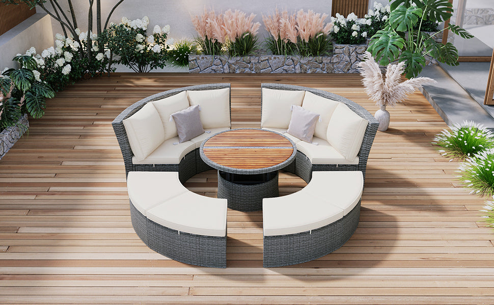 Patio 5-Piece Round Rattan Sectional Sofa Set All-Weather PE Wicker Sunbed Daybed With Round Liftable Table and Washable