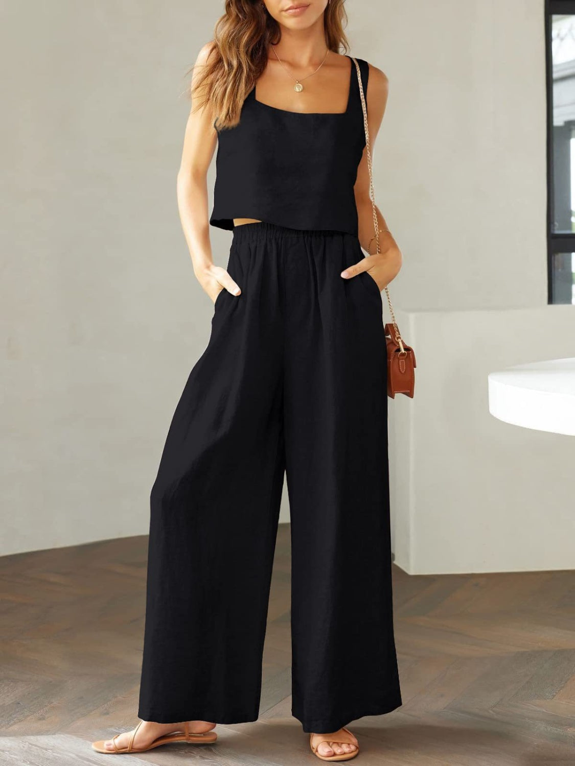 Square Neck Top and Wide Leg Pants set - 2 PCS. - T - 8 COLORS -