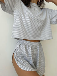 Thumbnail for Striped Round Neck Top and Shorts Set - 2 PCS. - T - 3 COLORS -