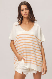 Thumbnail for BiBi V Neck Striped Short Sleeve Top - T - 1 COLOR -