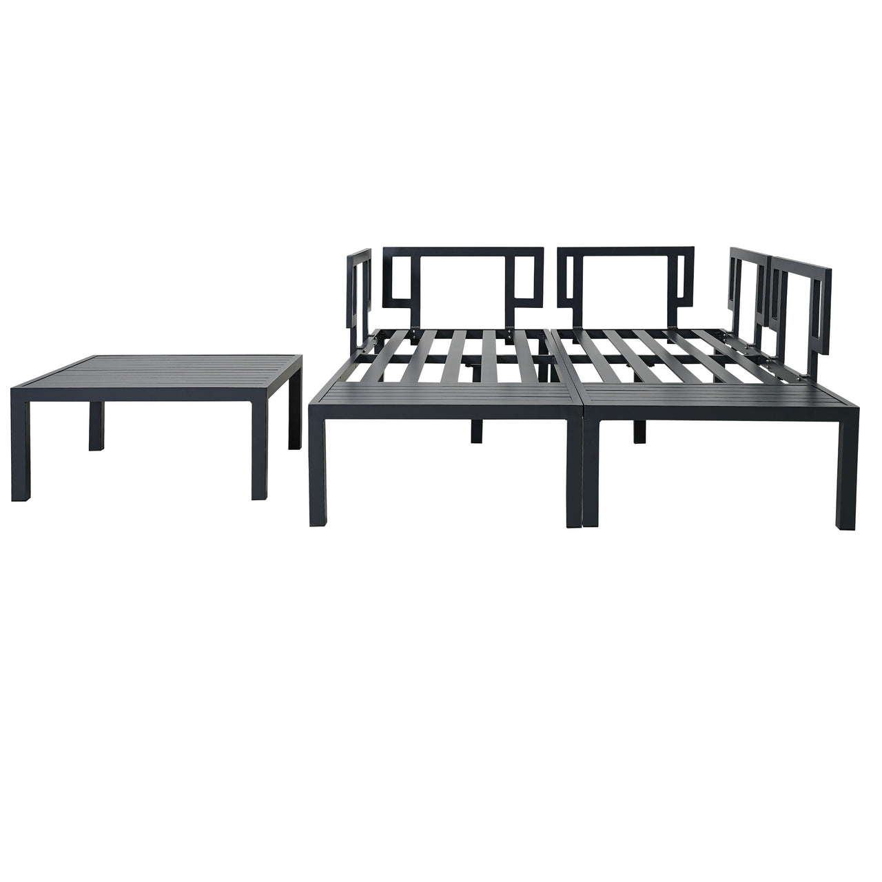 Outdoor 3-Piece Aluminum Alloy Sectional Sofa Set With End Table and Coffee Table,Black Frame+Gray Cushion