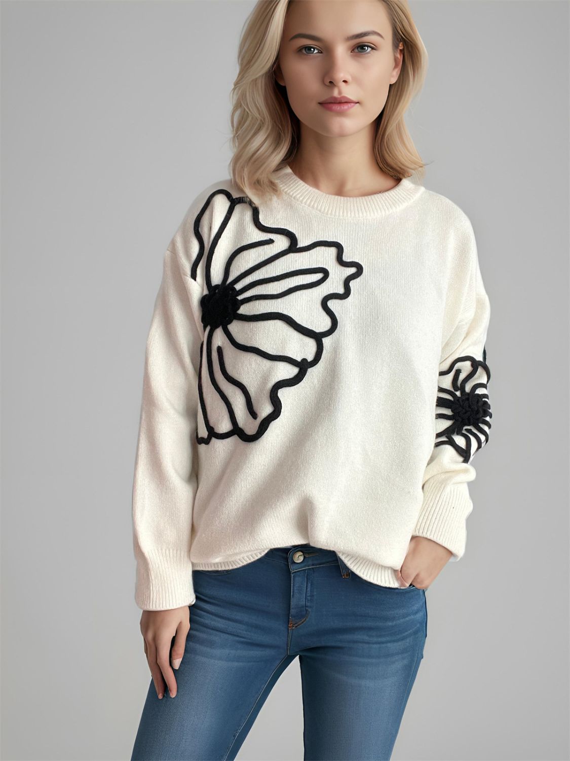 Flower Round Neck Long Sleeve Sweater - T - 4 COLORS -