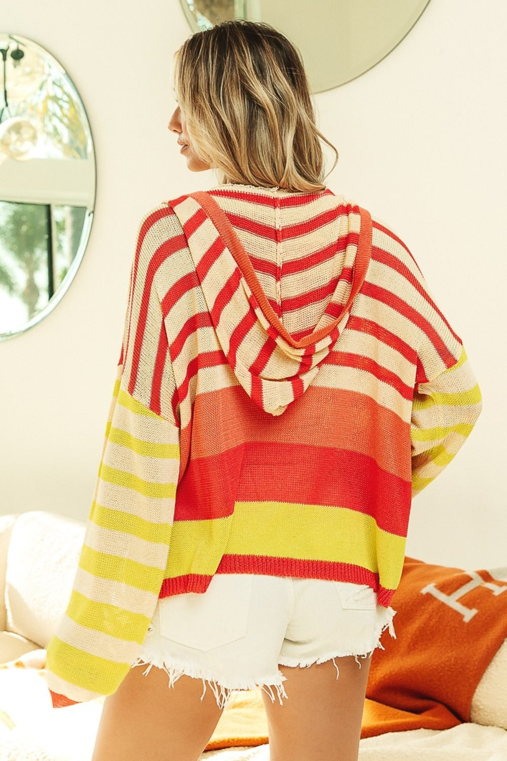 BiBi Striped Color Block Hooded Knit Top - Beach or Everyday - T - 1 COLOR -