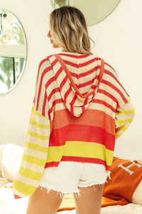 Thumbnail for BiBi Striped Color Block Hooded Knit Top - Beach or Everyday - T - 1 COLOR -