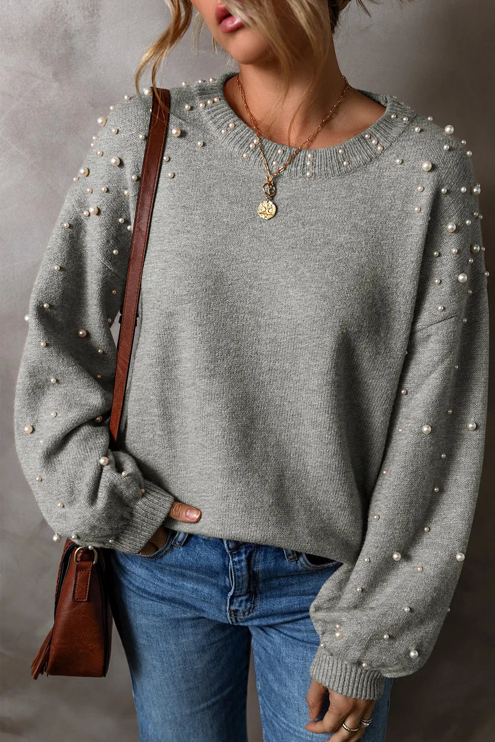 Pearl Detail Round Neck Long Sleeve Sweater - T - 4 COLORS -