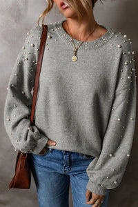 Thumbnail for Pearl Detail Round Neck Long Sleeve Sweater - T - 4 COLORS -