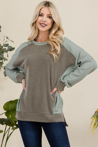 Thumbnail for Celeste High-Low Contrast Round Neck Sweatshirt - T - 1 COLOR -