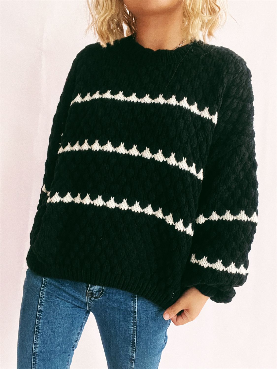 Contrast Stripes Round Neck Long Sleeve Sweater - T - 2 COLORS -