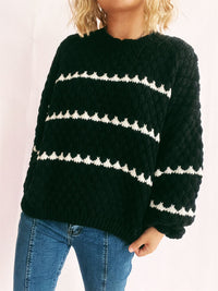 Thumbnail for Contrast Stripes Round Neck Long Sleeve Sweater - T - 2 COLORS -