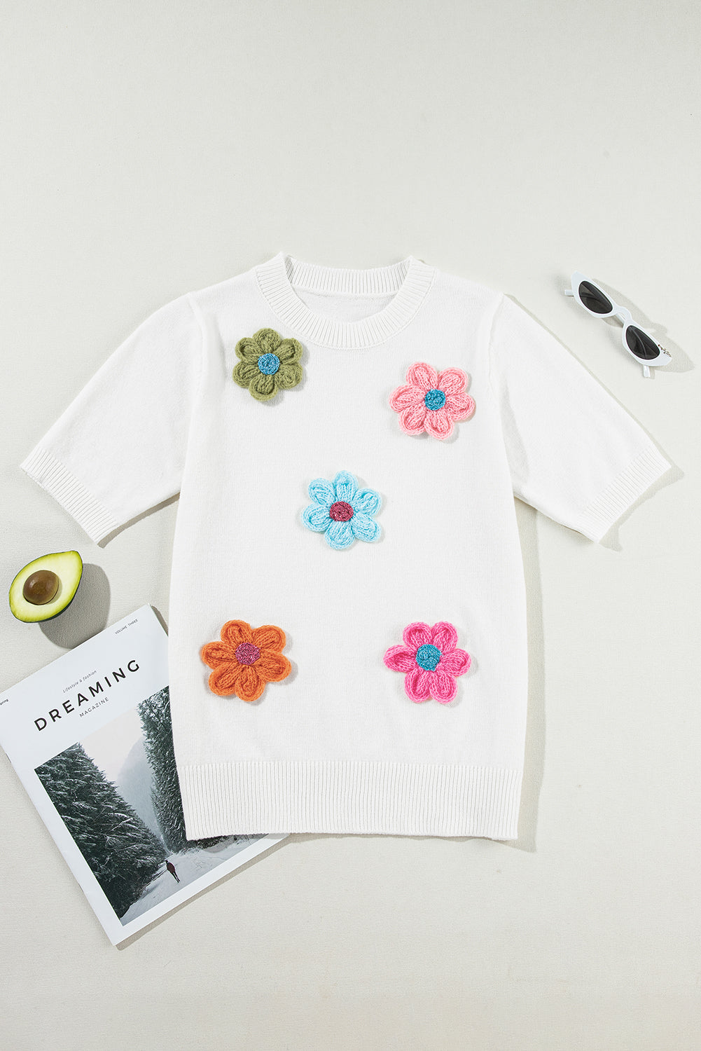 Flower Round Neck Short Sleeve Sweater - S,M,L ONLY - T - 1 COLOR -