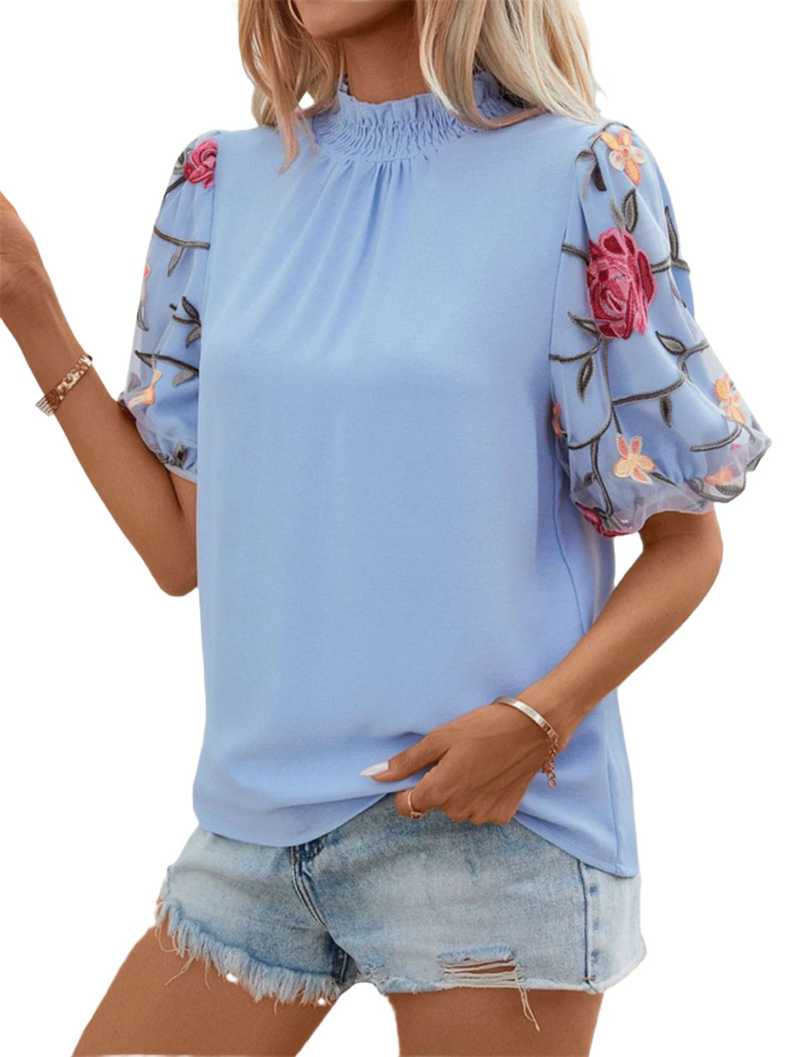 Embroidered Mock Neck Puff Sleeve Blouse - T - 1 COLOR -