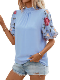 Thumbnail for Embroidered Mock Neck Puff Sleeve Blouse - T - 1 COLOR -