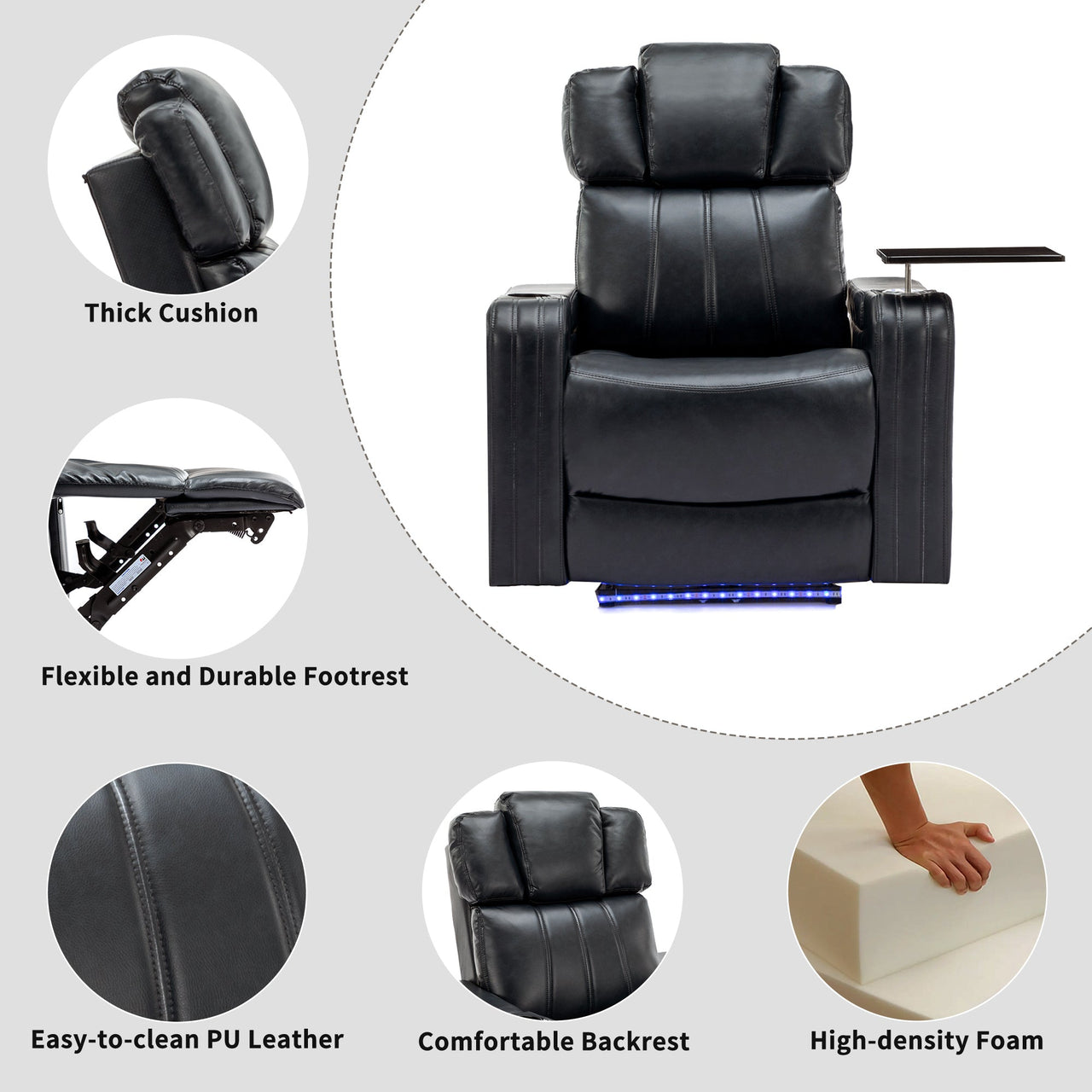 PU Leather Power Recliner Individual Seat Home Theater Recliner With Cooling Cup Holder, Bluetooth Speaker, LED Lights,