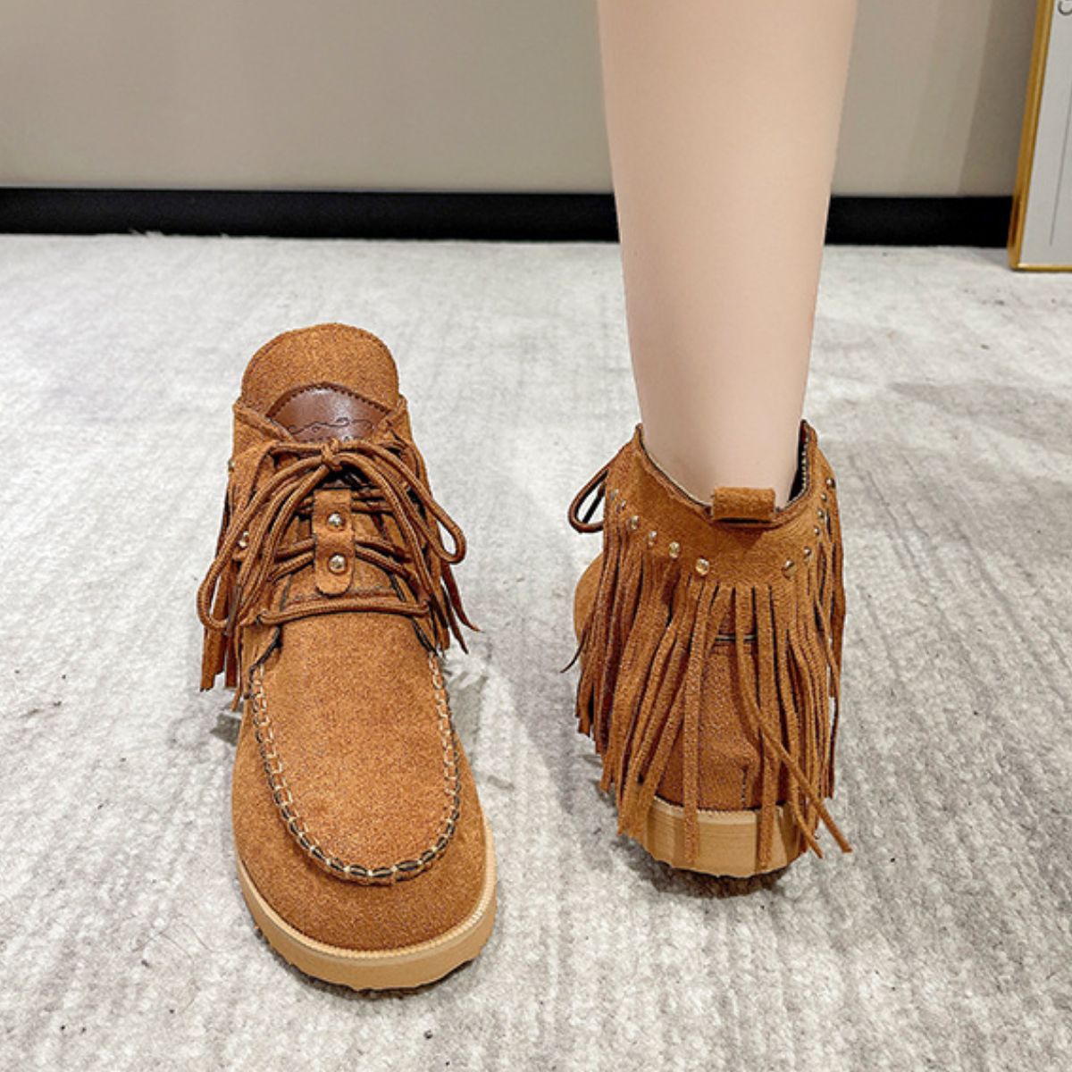 Fringe Studded Round Toe Canvas Boots - T - 3 COLORS -