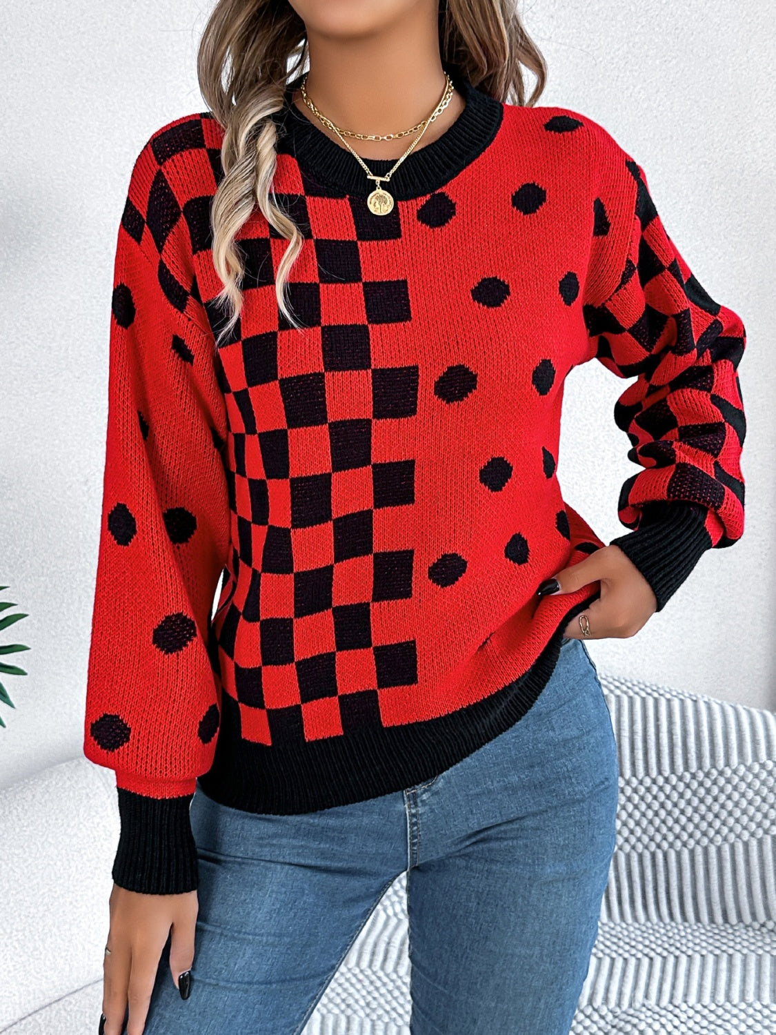 Plaid Round Neck Long Sleeve Sweater - T - 3 COLORS -