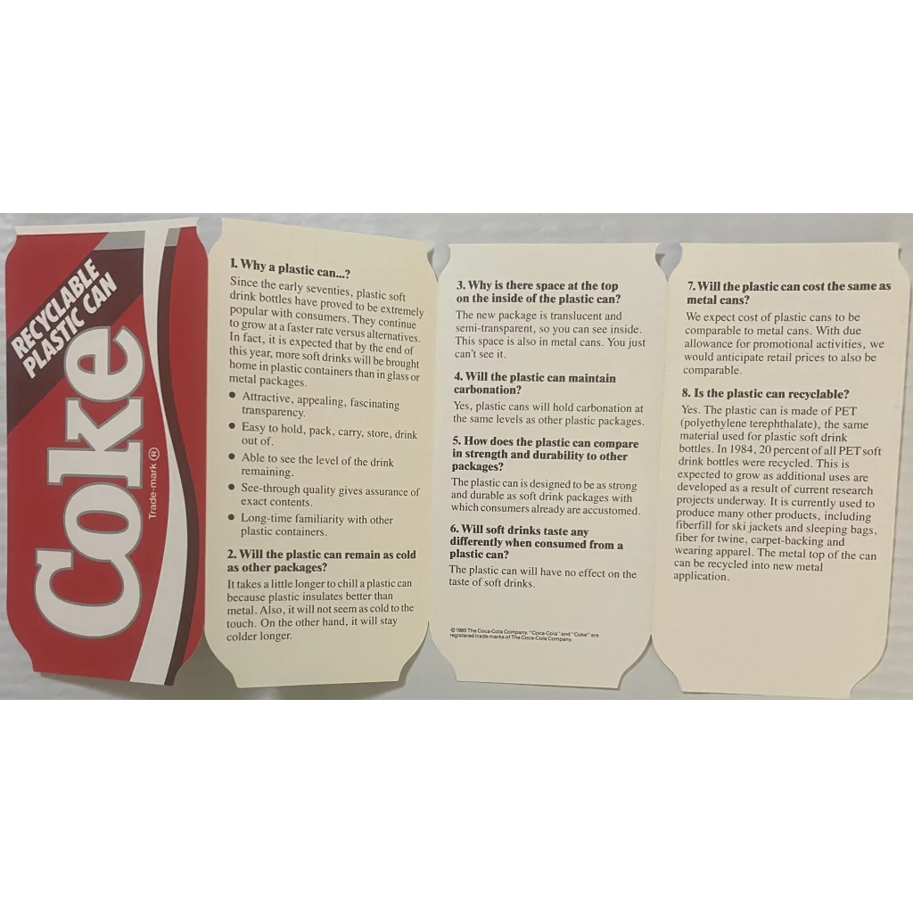 Vintage 1980s Coke Coca Cola Plastic Can Pamphlet, Biggest Flop in Coke History?