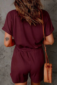 Thumbnail for Full Size Drawstring V-Neck Short Sleeve Romper - T - 7 COLORS -