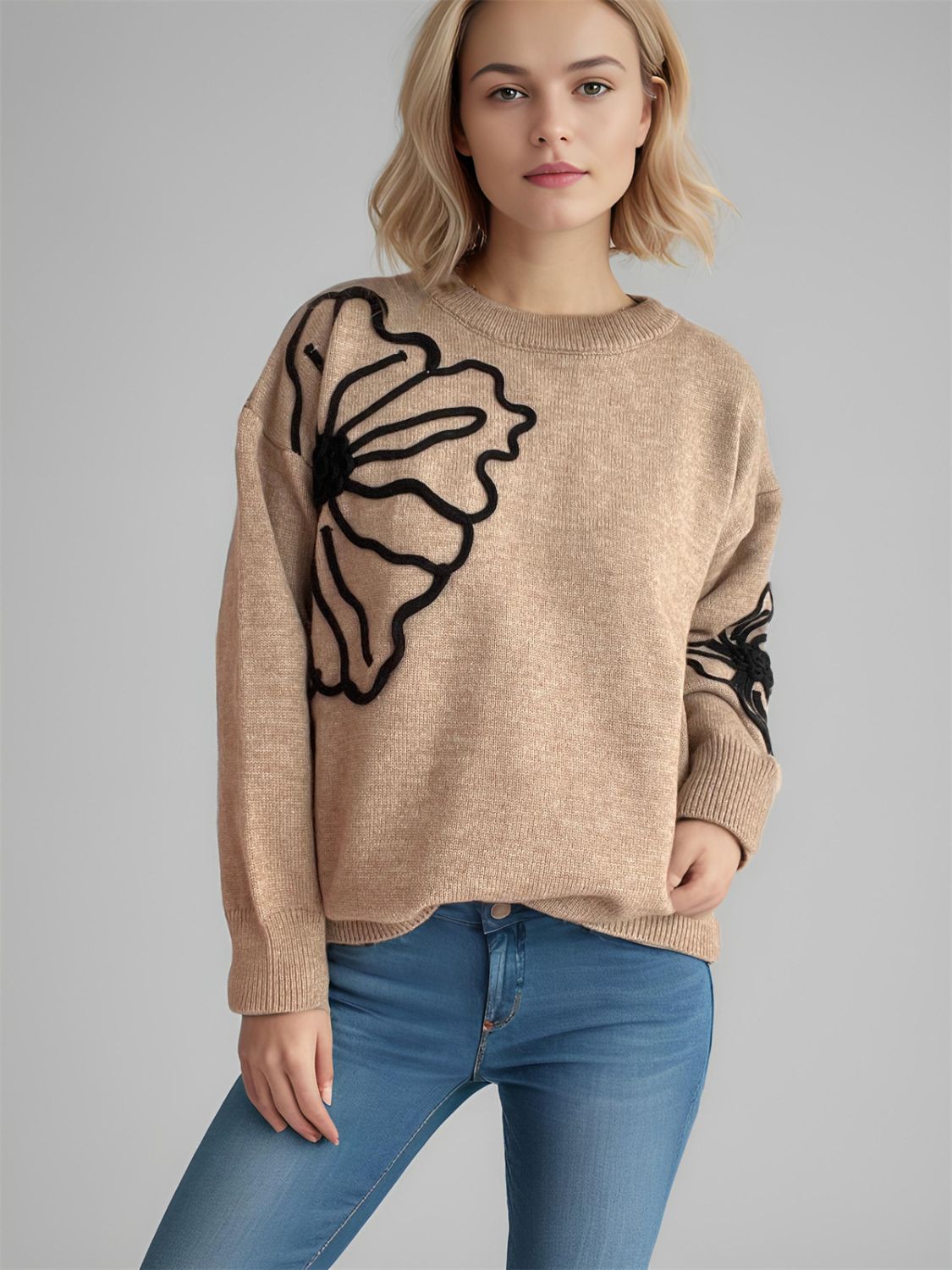 Flower Round Neck Long Sleeve Sweater - T - 4 COLORS -