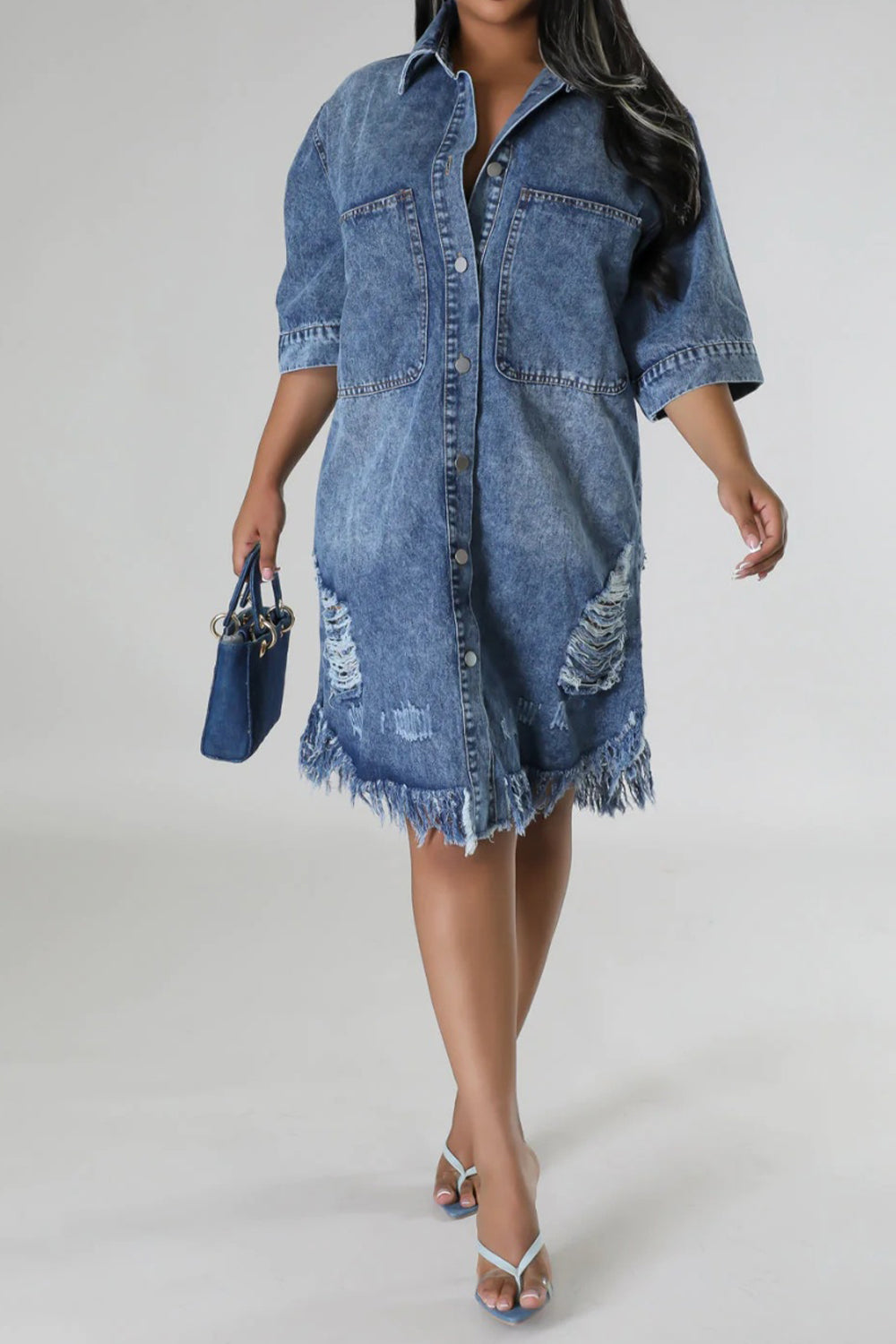 Distressed Raw Hem Button Up Denim Dress - T - LIGHT OR MEDIUM DENIM -