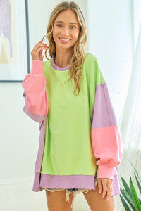 Thumbnail for First Love Color Block Long Sleeve Slit Sweatshirt - T - 1 COLOR -