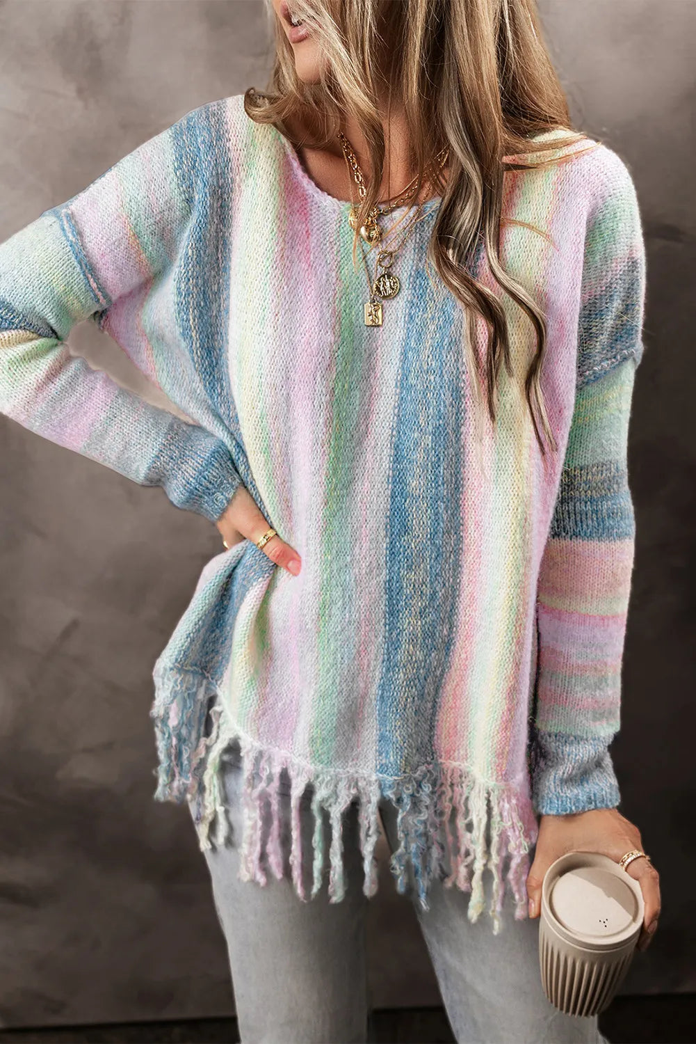 Fringe Color Block Round Neck Sweater - T - 1 COLOR -