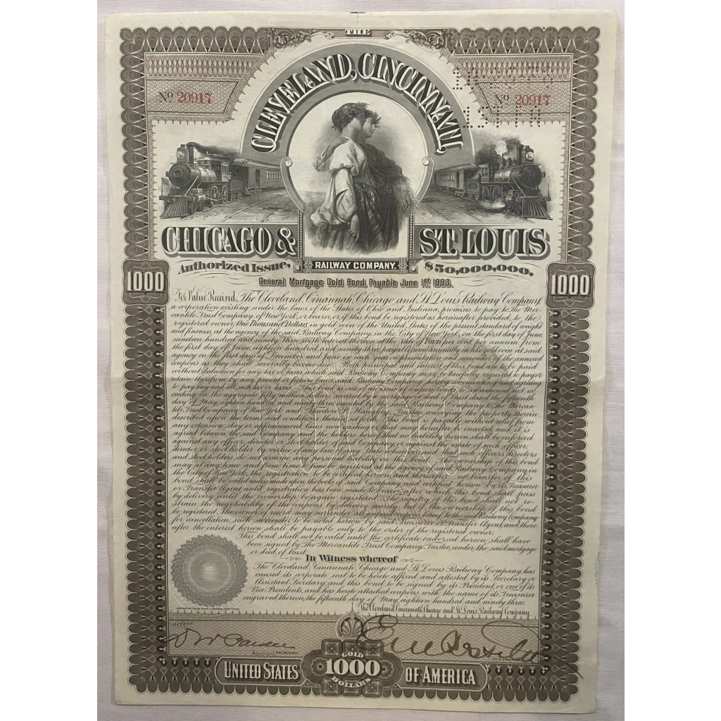 Antique 1893 Cleveland Cincinnati Chicago St Louis Railroad Bond Certificate