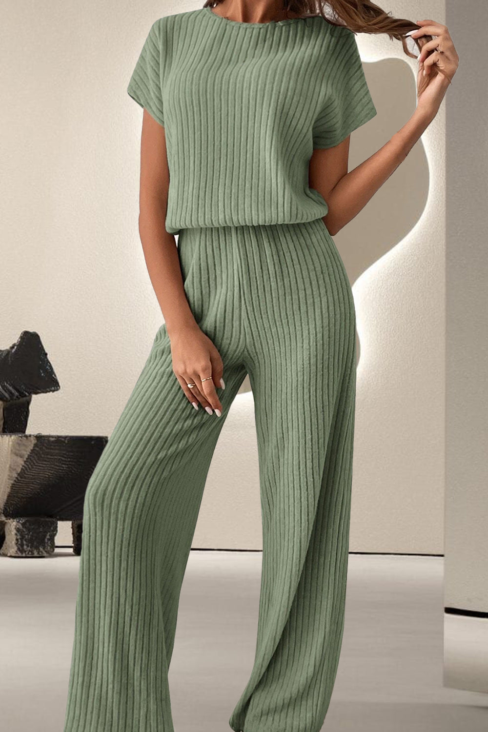 Round Neck Short Sleeve Jumpsuit - 2 PCS. - T - 4 COLORS -