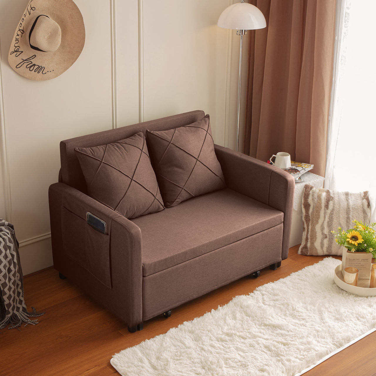 Modern Love Seat Futon Sofa Bed With Headboard,Linen Love Seat Couch,Pull Out Sofa Bed With 2 Pillows & 2 Sides Pockets