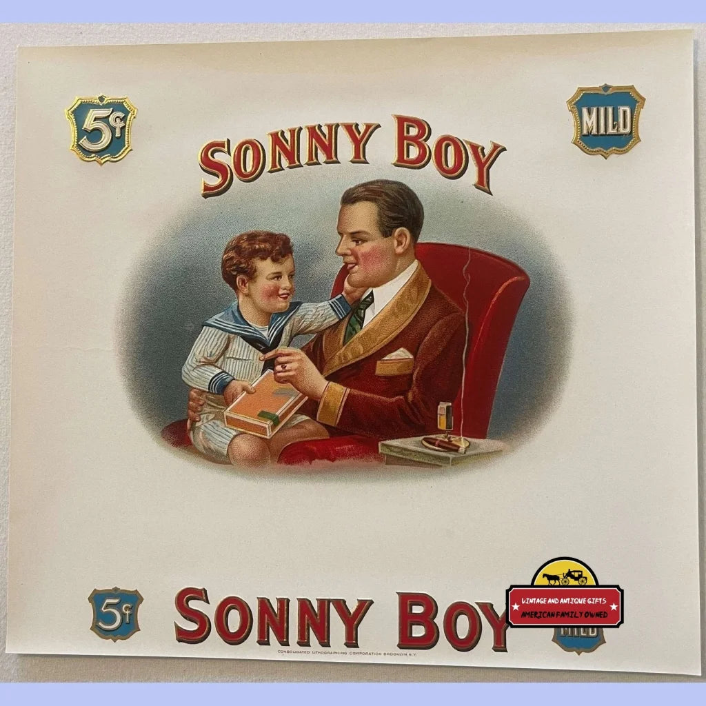 Antique Vintage Large Sonny Boy Embossed Cigar Label, 1900s - 1920s