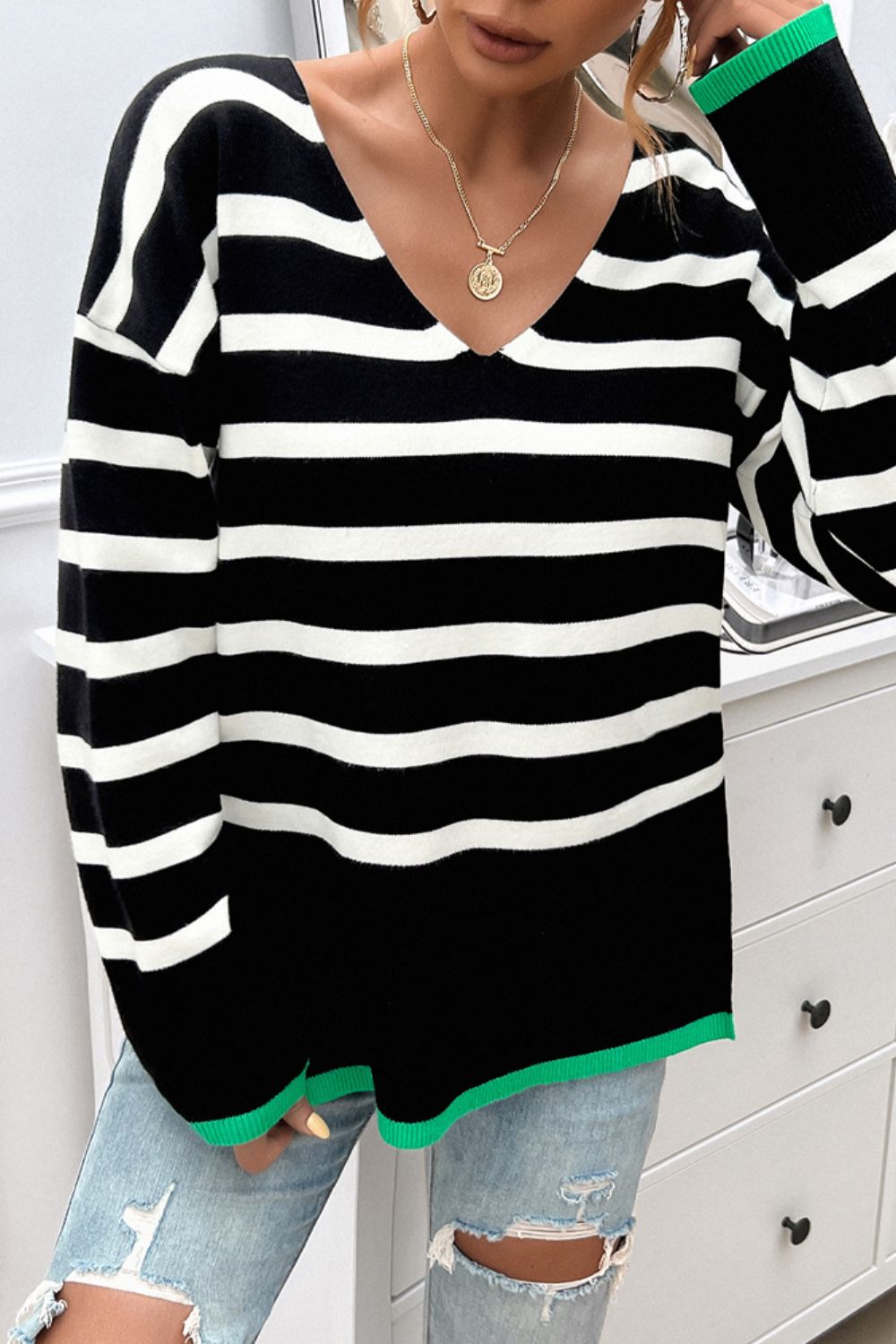 Striped V-Neck Long Sleeve Knit Top - T - 4 COLORS -