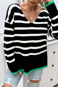 Thumbnail for Striped V-Neck Long Sleeve Knit Top - T - 4 COLORS -