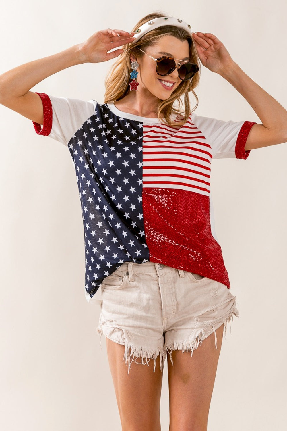 BiBi Star & Stripes Round Neck Short Sleeve T-Shirt - T - 1 COLOR -