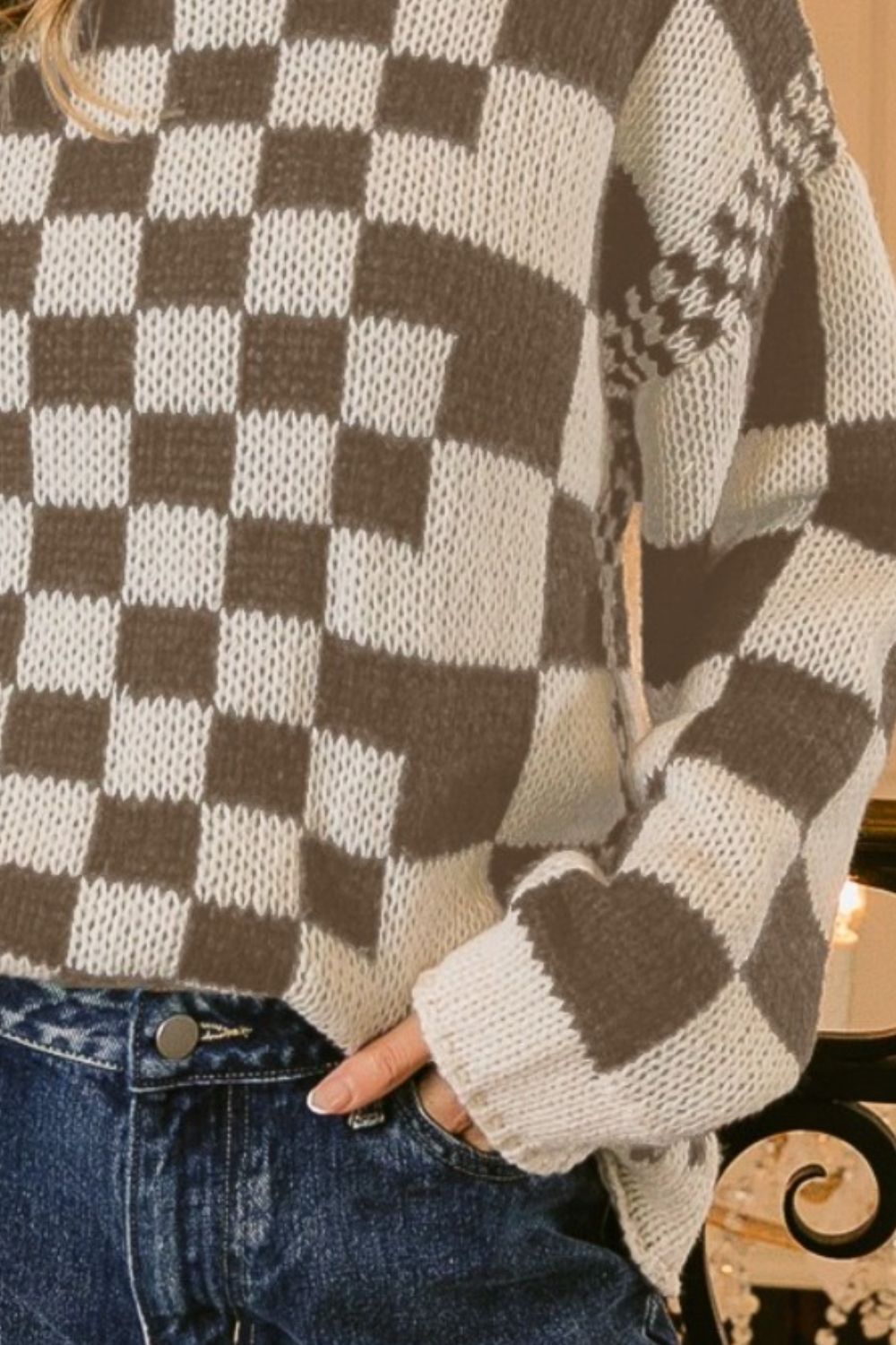 BiBi Checkered Contrast Chunky Sweater - T - 1 COLOR -