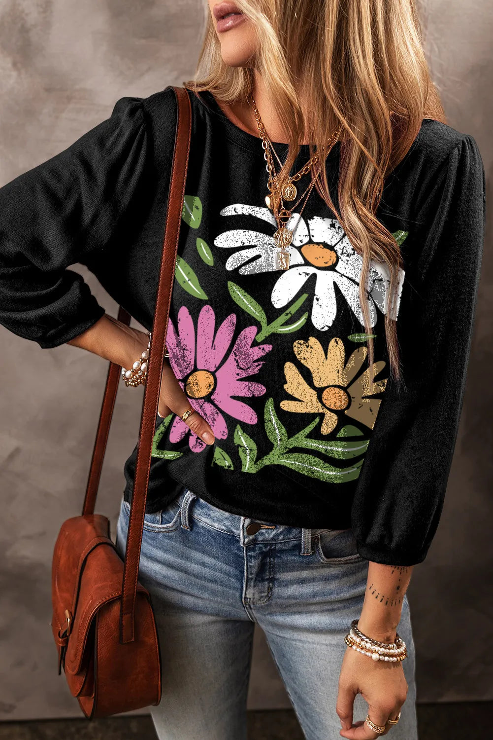 Flower Graphic Round Neck Long Sleeve Top - T - 1 COLOR -