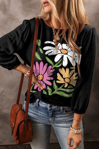 Thumbnail for Flower Graphic Round Neck Long Sleeve Top - T - 1 COLOR -