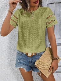 Thumbnail for Full Size Eyelet Round Neck Short Sleeve Top - T - 11 COLORS -