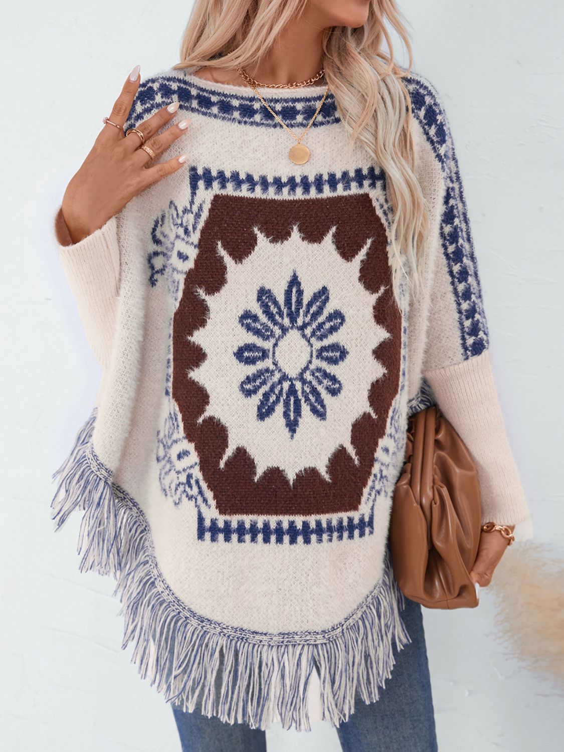 Fringe Geometric Long Sleeve Poncho - 1 SIZE - T - 2 COLORS -