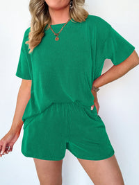 Thumbnail for Textured Round Neck Short Sleeve Top and Shorts Set - 2 PCS. - T - 4 COLORS -