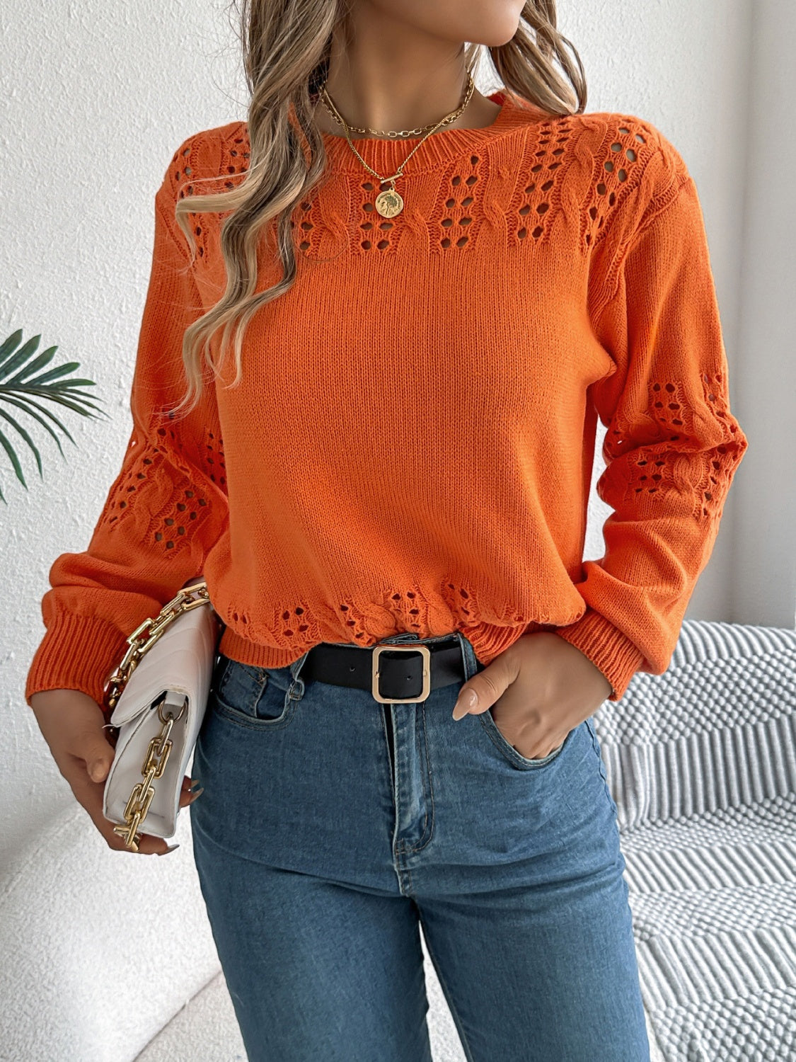 Openwork Round Neck Long Sleeve Sweater - T - 3 COLORS -