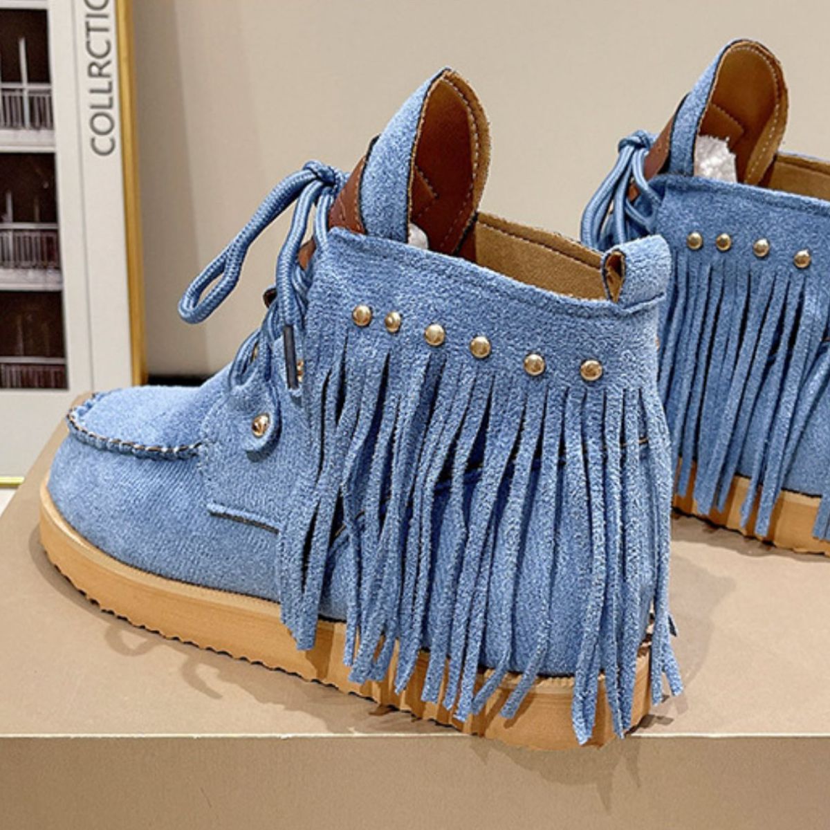 Fringe Studded Round Toe Canvas Boots - T - 3 COLORS -