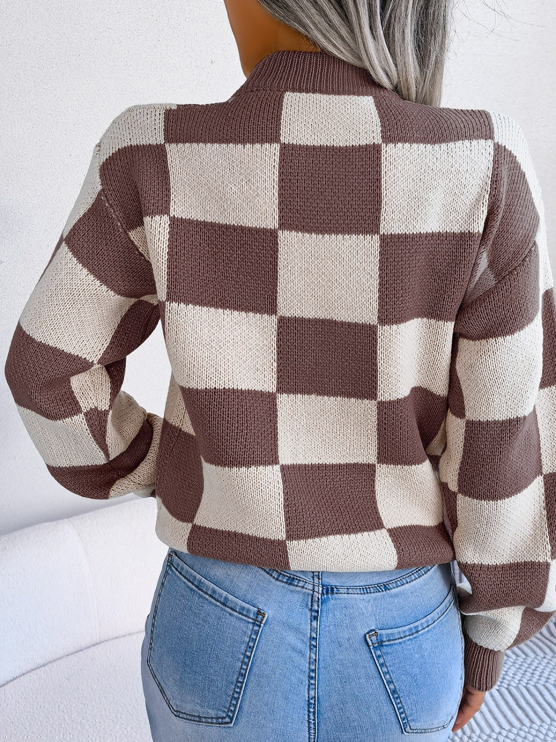 Checkered Mock Neck Long Sleeve Sweater - T - 4 COLORS -