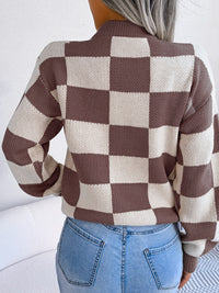 Thumbnail for Checkered Mock Neck Long Sleeve Sweater - T - 4 COLORS -