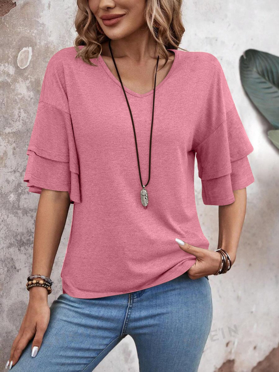 V-Neck Half Sleeve Blouse - T - 5 COLORS -