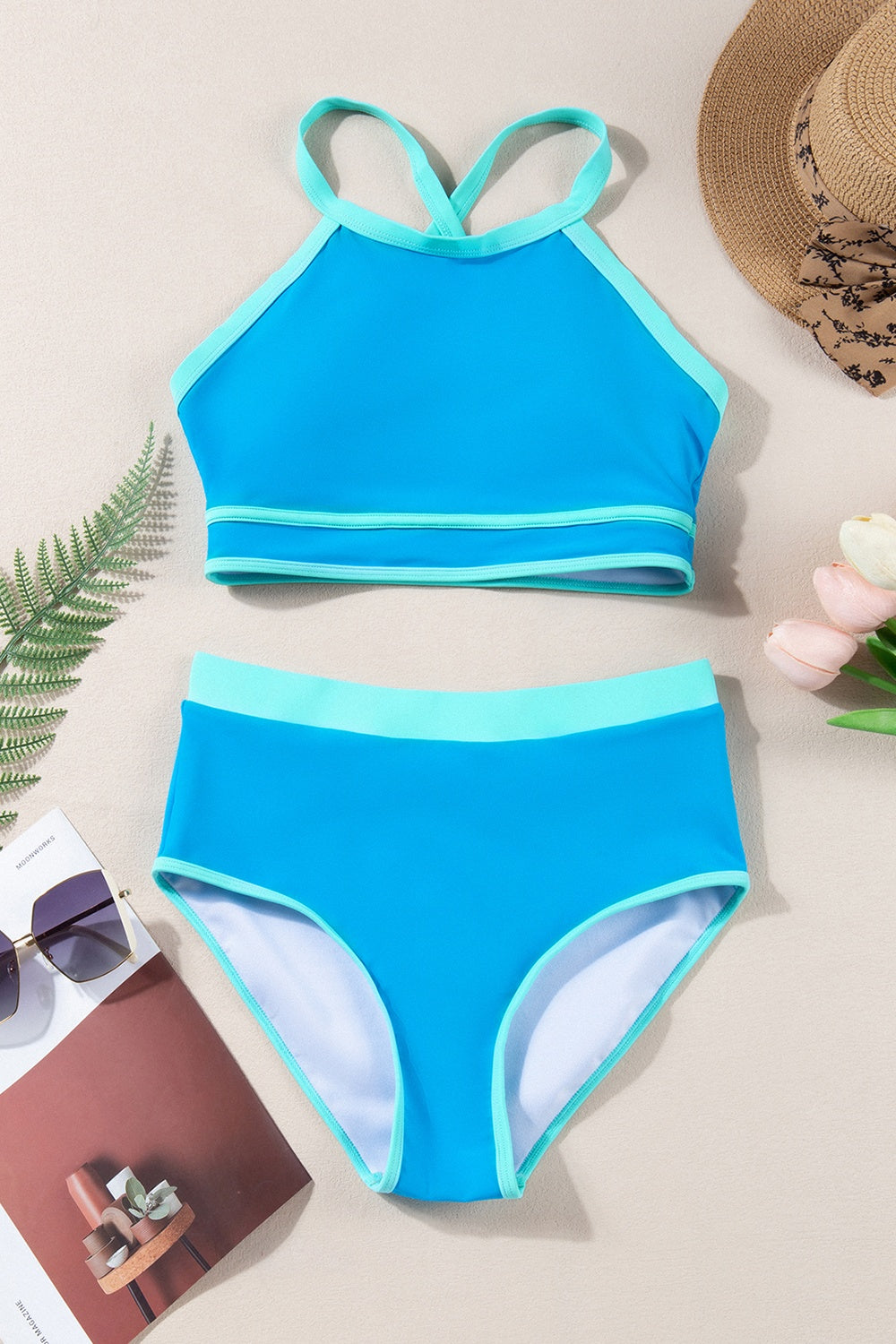 Crisscross Round Neck Two-Piece Swim set  - T - 1 COLOR -