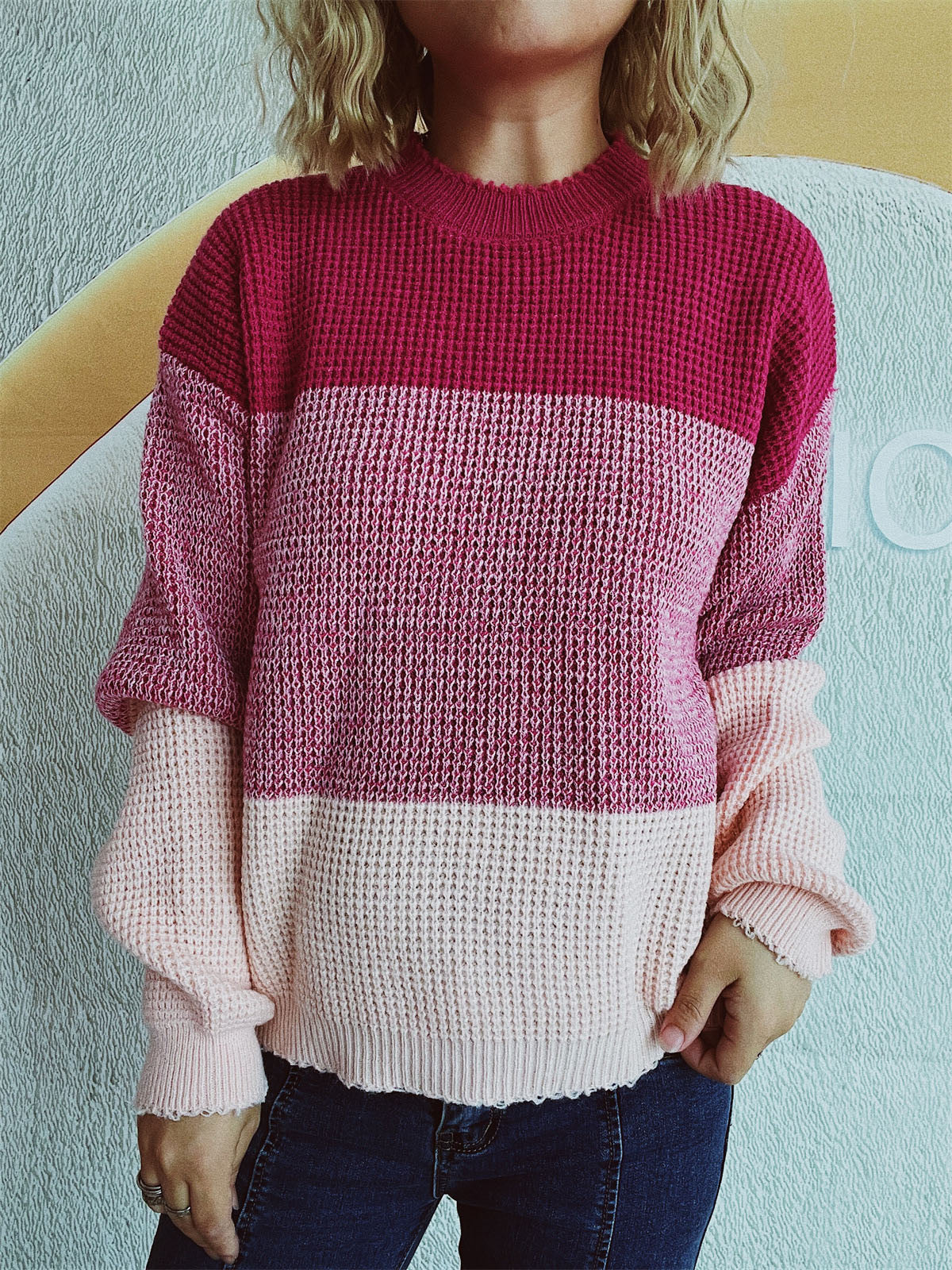 Color Block Long Sleeve Sweater - T - 3 COLORS -