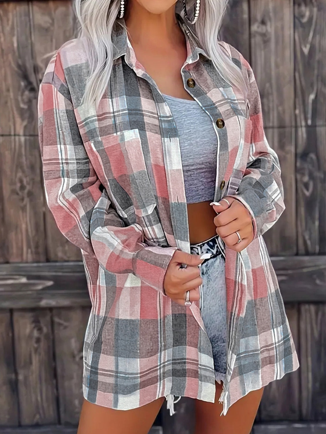 Pocketed Plaid Collared Neck Shacket - T - 1 COLOR -